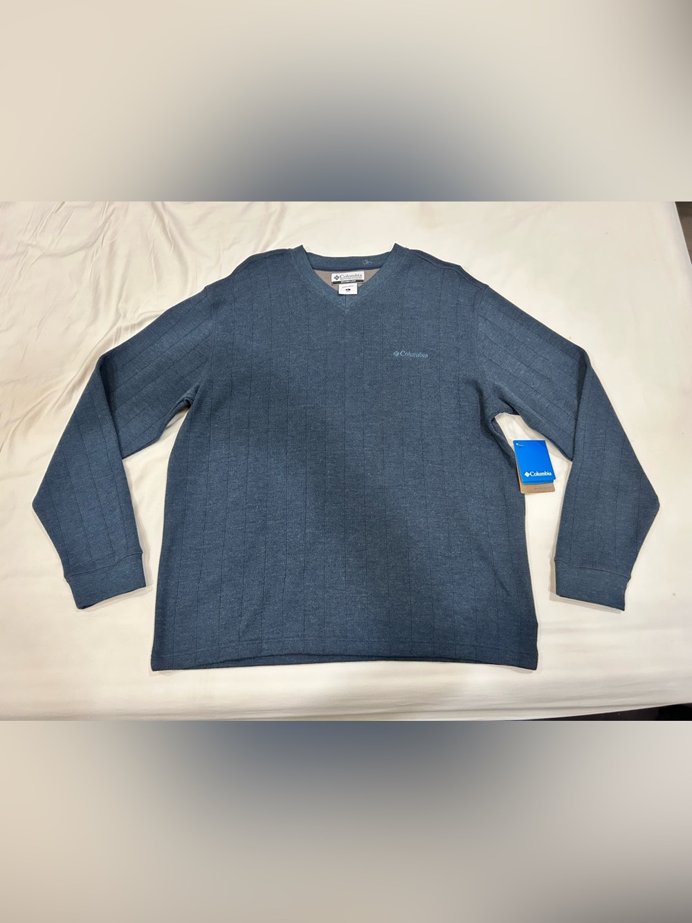 Columbia Mens Blue Vertical Ribbed V-Neck Long Sleeve Pullover Shirt AM 6995 L